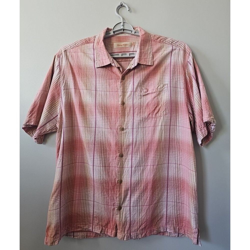 Tommy Bahama 100% Silk‎ Plaid Checked Shirt Short Sleeve Men's Size XL